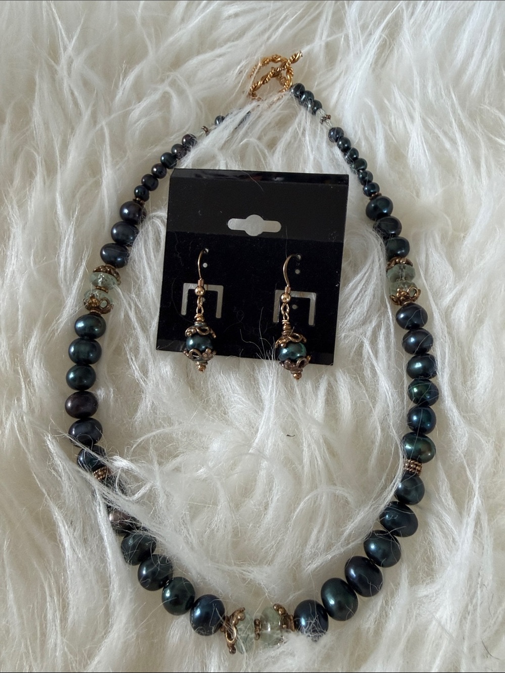 Dark Teal Glass Bead Necklace and Earring Set - Elegant Gold Accents